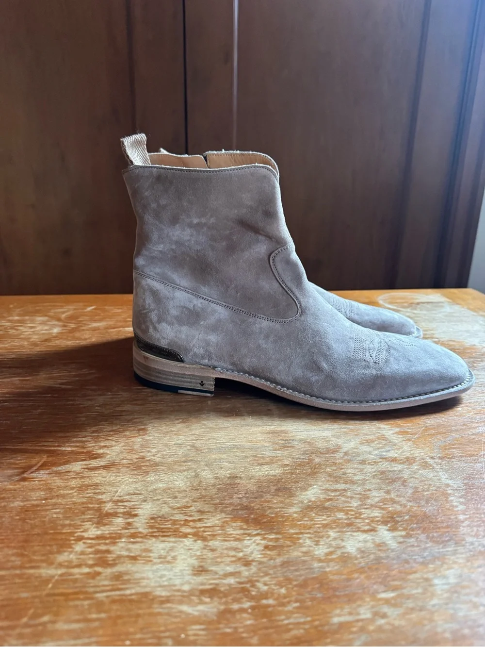 John Varvatos Walker Rancher Boots Men’s 11.5 Taupe Gray Suede Side Zip Italy